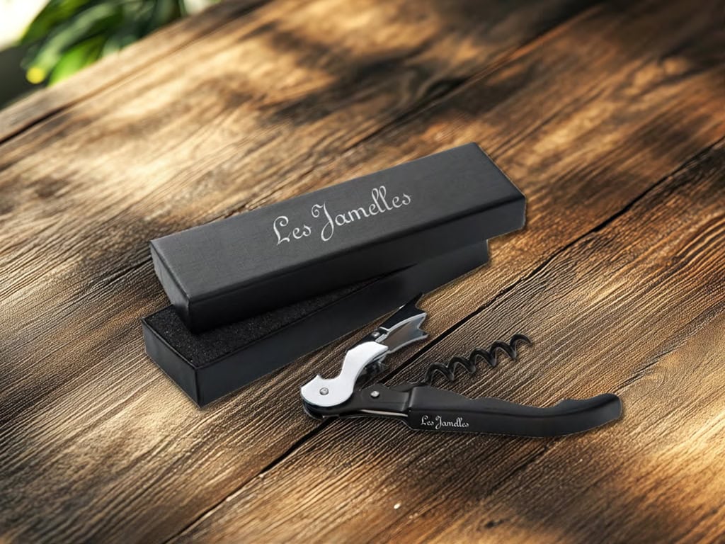 Schwarzer Flaschenöffner auf Holztisch mit Verpackung.