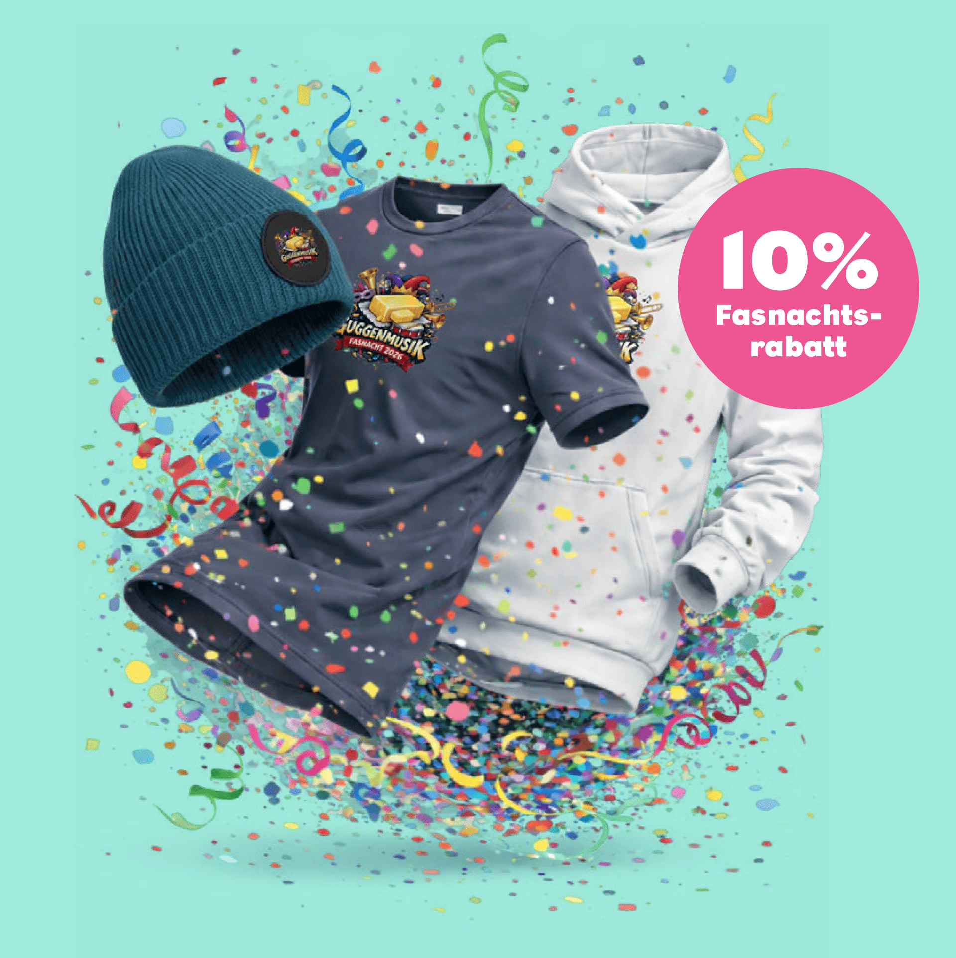 Kleidung mit Fasnachtsrabatt und Konfetti