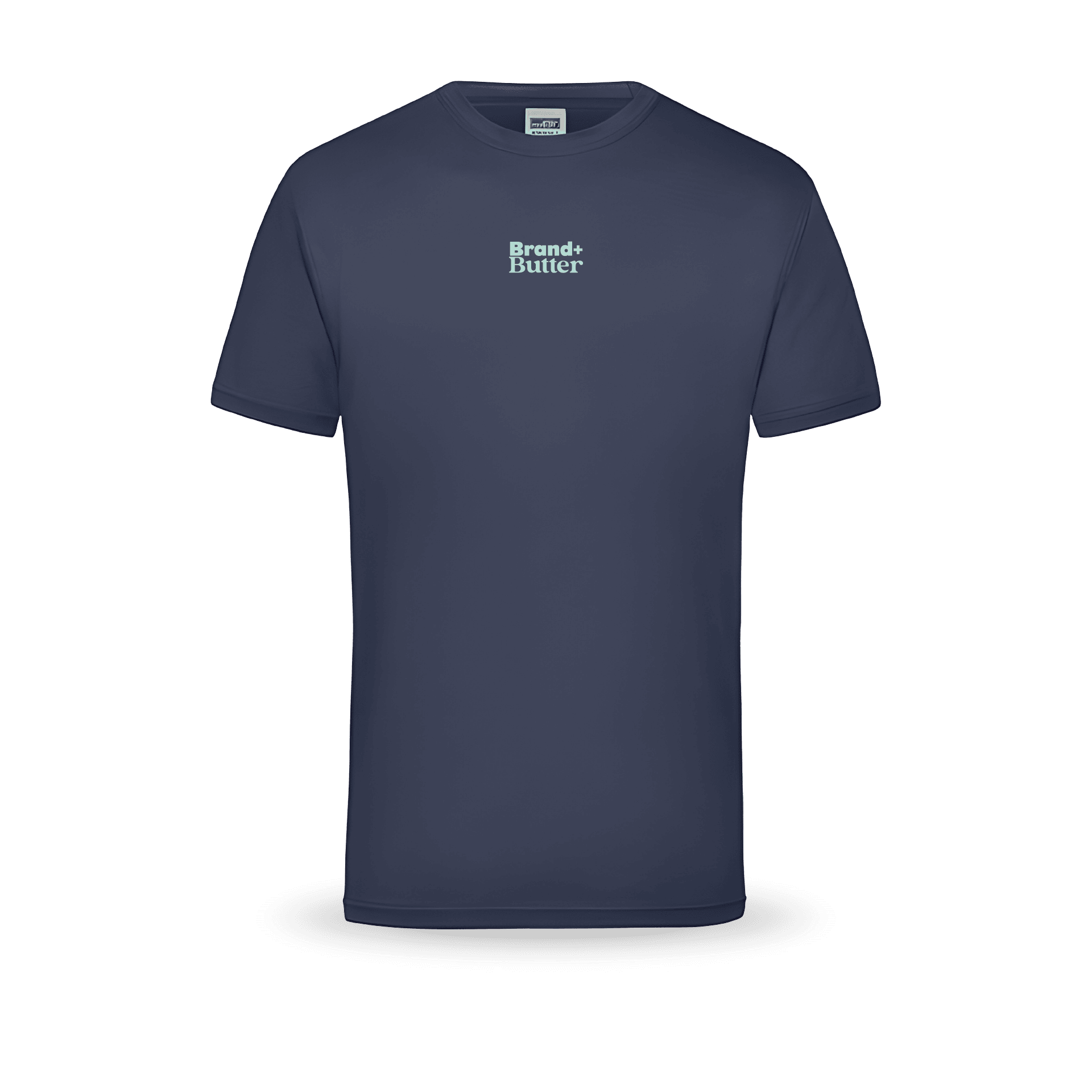 Blaues T-Shirt mit Aufdruck 'Brand+Butter'.